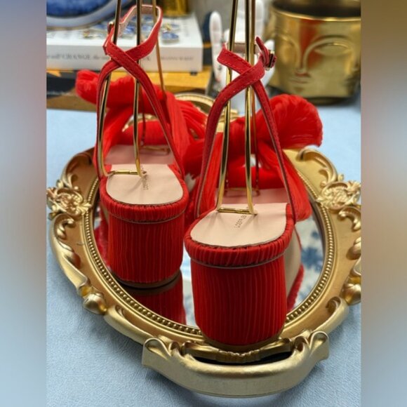 🆕 LOEFFLER RANDALL 🧿 NWOT Dahlia Candy Apple Red Pleated Organza Bow Heel Sz 7 - Picture 10 of 16